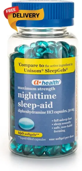 A Health 154907393322 Nighttime Sleep Aid Diphenhydramine 50 Mg Softgels Maximum Strength 160 Count
