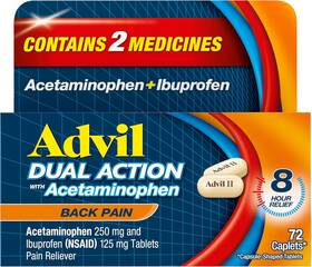 Advil 00573014572 Dual Action Back Pain Caplets Delivers 250mg 72 Count Pack Of 1