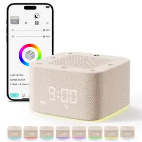 B005 Augnner Sound Machine Alarm Clock 32 Soothing Sounds 8 Night Light App Control White