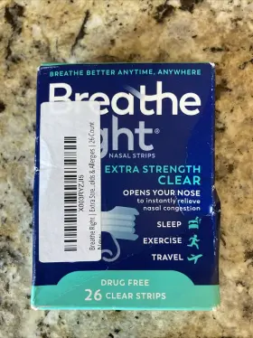 Breathe Right 757145241958 Nasal Strips Extra Strength 26 Drug Free Clear Exp. 4/30/28
