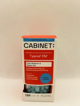 Cabinet 850044021512 Pain Reliever And Sleep Aid 120 Caplets Refillable Bottle Exp 08/2026