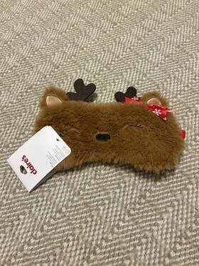 Claires 33255-1 Brown Reindeer Sleep Mask With Red Bow Plush Holiday Design