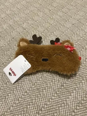 33255-1 Claires Brown Reindeer Sleep Mask With Red Bow Plush Holiday Design
