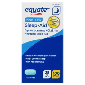 Equate 681131280402 Diphenhydramine Hcl Nighttime Sleep-aid Supplement Caplets 25mg 100 Count