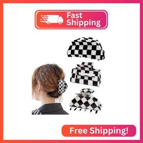 Fsmiling Df-229-checkered Womens Checkered Hair Clip Medium Claw Clips Black And White Jaw