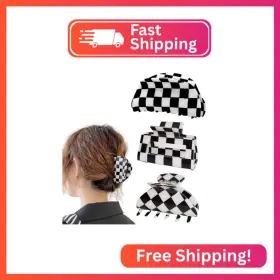 Df-229-checkered Fsmiling Womens Checkered Hair Clip Medium Claw Clips Black And White Jaw