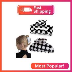 Fsmiling Df-232-checkered Womens Checkered Hair Clip Large Claw Clips Black And White Jaw 2