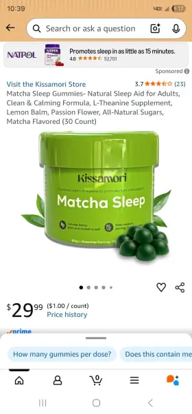 X004yf6ch3 Kissamori Matcha Sleep Gummies 50mg L-theanine Lemon Balm 30 Count