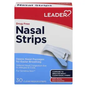 Leader 096295131550 Nasal Strips Medium Clear Opens Passages Drug Free 30 Ct