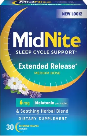 Midnite 091108651300 Sleep Support Medium Dose 6mg Melatonin Extended Release 30 Tablets