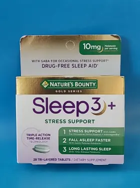 Natures Bounty 074312006951 Gold Series Sleep 3 Stress Support 10mg Melatonin 28 Tablets