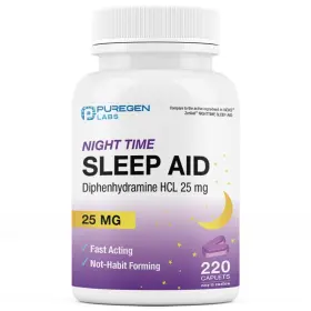 P Puregen Labs 380513000934 Sleep Aid Caplets Diphenhydramine Hcl 25mg - 220 Count Suppor