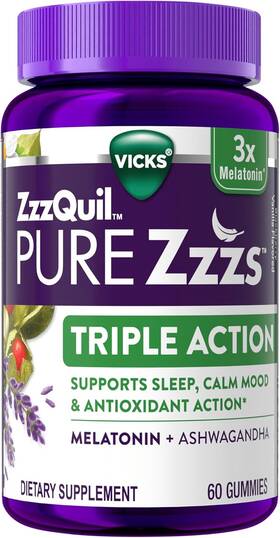 Procter & Gamble 711181980103 Pure Zzzs Triple Action 6mg Melatonin Gummies 3x Sleep Aid With Ash