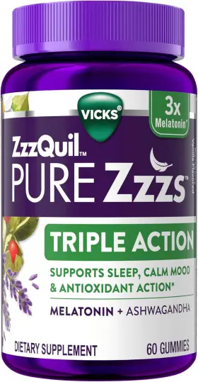 Procter & Gamble 711181980103 Pure Zzzs Triple Action 6mg Melatonin Gummies 3x Sleep Aid With Ash