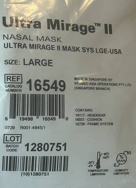 Resmed 619498165490 Res Med Ultra Mirage Ii Nasal With Headgear Large Usa Ref 16549 New Sealed Pkg