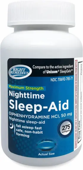 Right Remedies 726084536838 Nighttime Sleep Aid Softgels 275 Diphenhydramine Hci 50 Mg Fall As