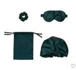 Wndr Ln Self Care Set: Satin Scrunchie, Hair Bonnet, Eye Mask,bag Dark Green New. Price: $8.00.
